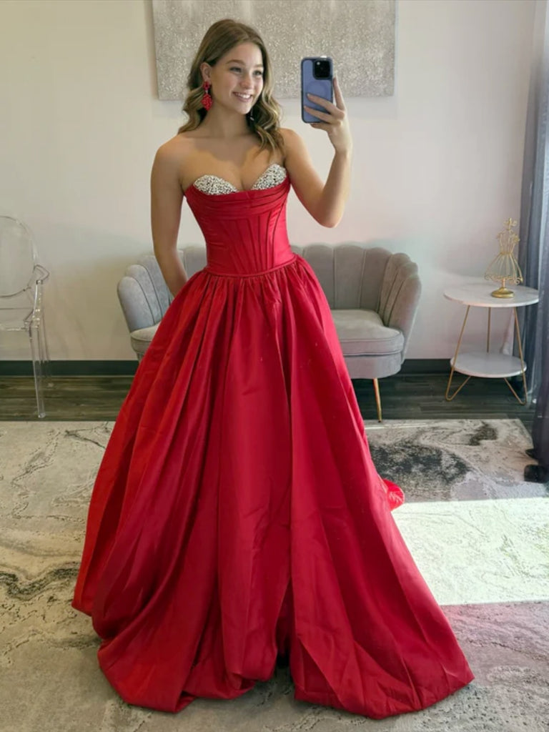 Sweetheart Neck Burgundy Beaded Satin Long Prom Dresses, Wine Red Beaded Long Formal Evening Dresses