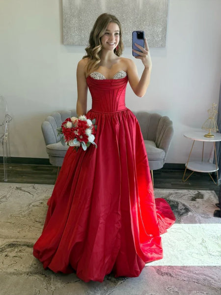 Sweetheart Neck Burgundy Beaded Satin Long Prom Dresses, Wine Red Beaded Long Formal Evening Dresses