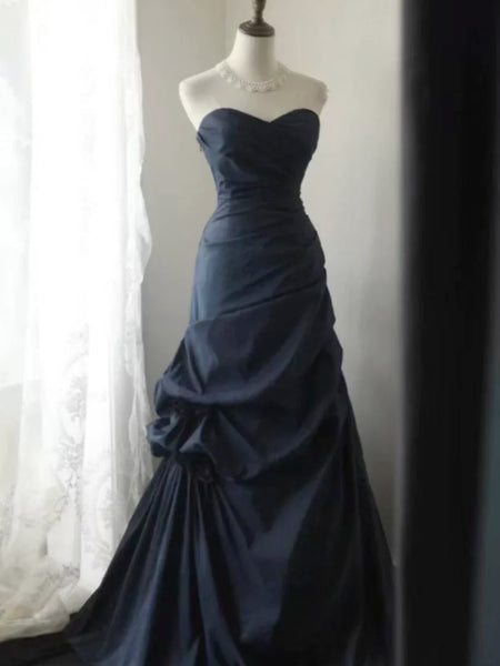 Sweetheart Neck Dark Navy Blue Mermaid Prom Dresses, Dark Blue Mermaid Formal Dresses
