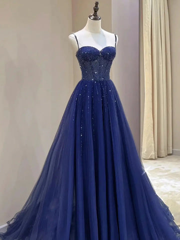 Sweetheart Neck Dark Navy Blue Sequins Long Prom Dresses, Dark Blue Long Formal Dresses
