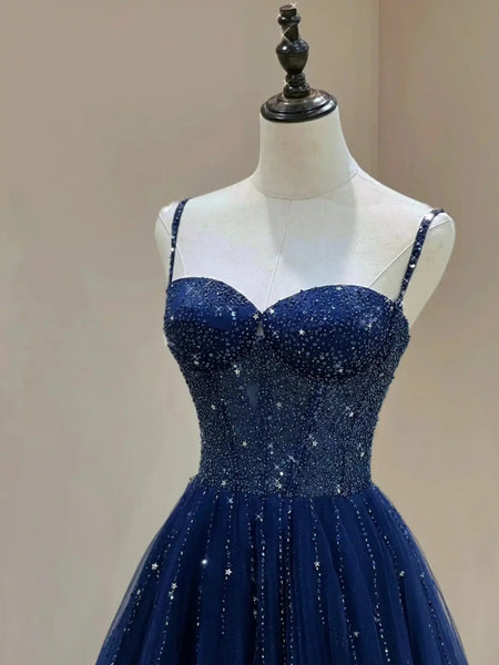 Sweetheart Neck Dark Navy Blue Sequins Long Prom Dresses, Dark Blue Long Formal Dresses