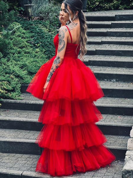 Sweetheart Neck High Low Red Tulle Long Prom Dresses, High Low Red Formal Dresses, Red Evening Dresses