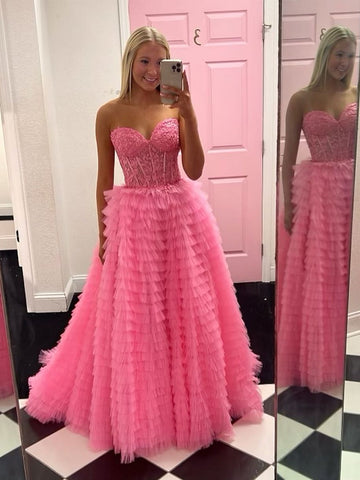 Sweetheart Neck Hot Pink Lace Prom Dresses, Hot Pink Long Lace Formal Evening Dresses