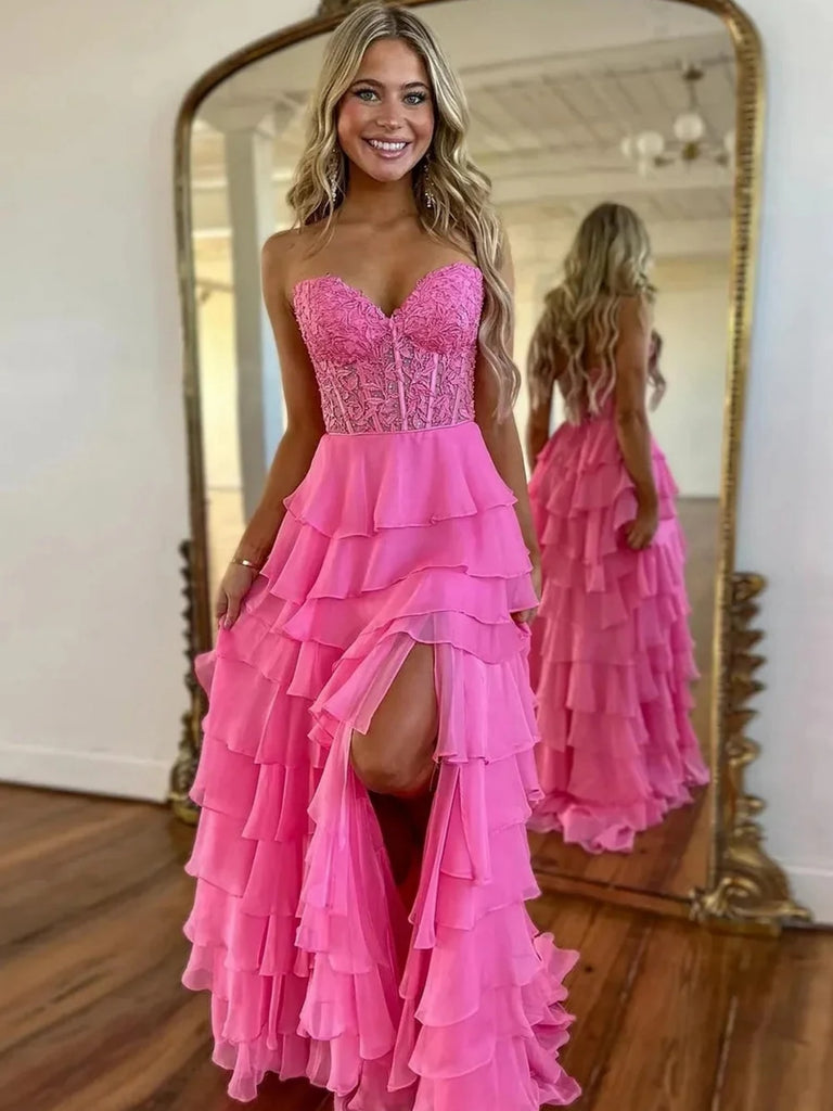 sweetheart neck prom dress Sweetheart Neck Pink Blue Red Layered Lace Prom Dresses, Lace Layered – jbydress