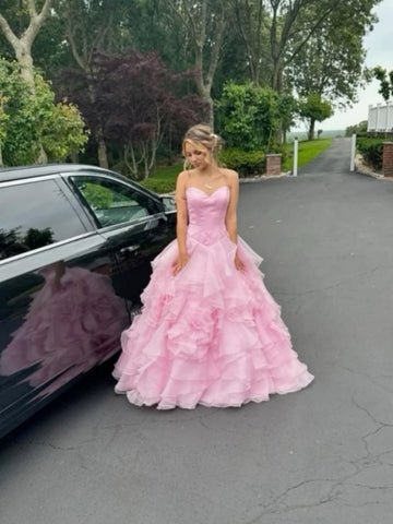 Sweetheart Neck Pink Layered Puffy Long Prom Dresses, Pink Layered Puffy Long Formal Dresses