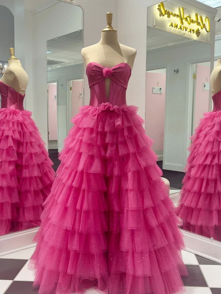 pink prom dresses puffy Pink Puffy Sleeve Ball Gown Dress