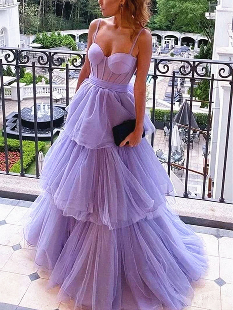 lilac layered dress Astrid Lilac A Line Off the Shoulder Tiered Tulle Prom Dress With Slit Lilac / 10