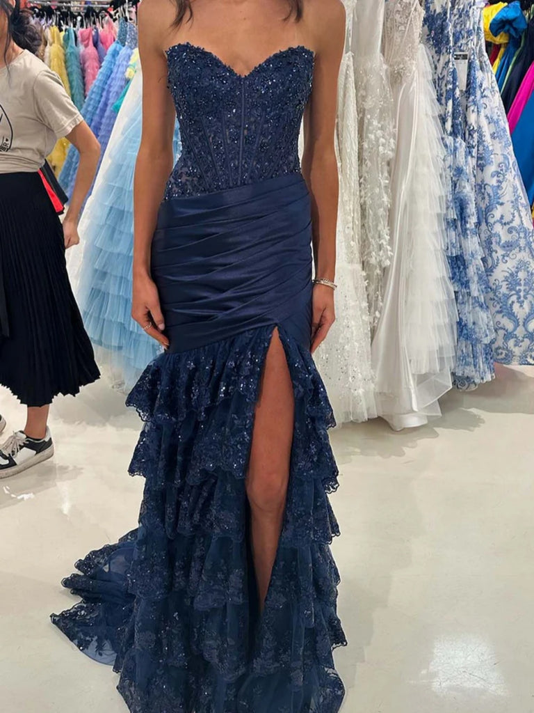 sweetheart neck lace dress in navy Sweetheart Neck Lace Top Navy Blue Long Prom Dress with Leg Slit, Navy Blue Lace Formal Dress, Navy Blue Evening Dress