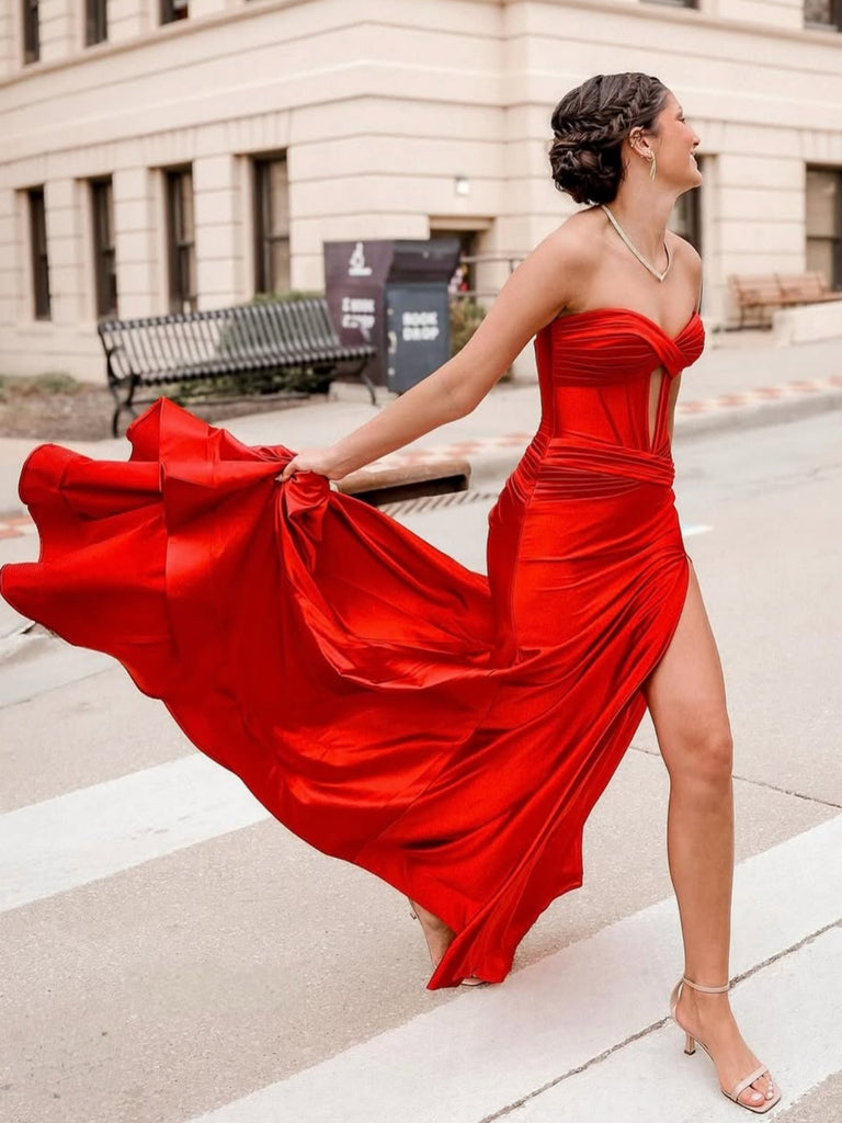 Sweetheart Neck Red Satin Long Prom Dresses with Slit, Red Satin Long Formal Evening Dresses