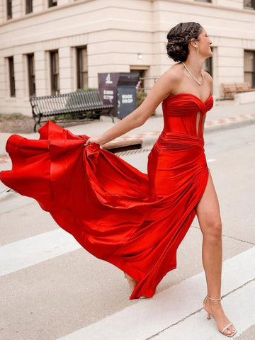 Sweetheart Neck Red Satin Long Prom Dresses with Slit, Red Satin Long Formal Evening Dresses