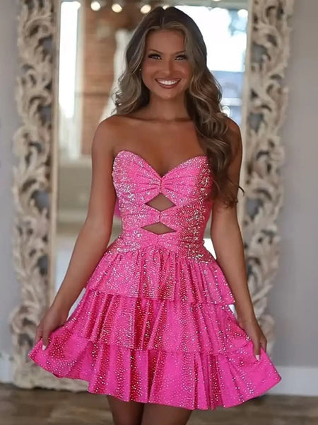 Sweetheart Neck Short Beaded Prom Dresses, Short Layered Formal Homecoming Dress with Beading