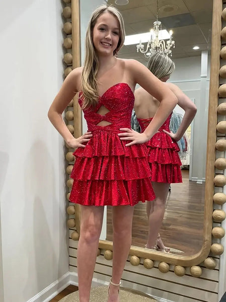 Sweetheart Neck Short Beaded Prom Dresses, Short Layered Formal Homecoming Dress with Beading