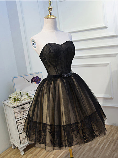 Sweetheart Neck Short Black Lace Prom Dresses, Short Black Lace Graduation Homecoming Dresses