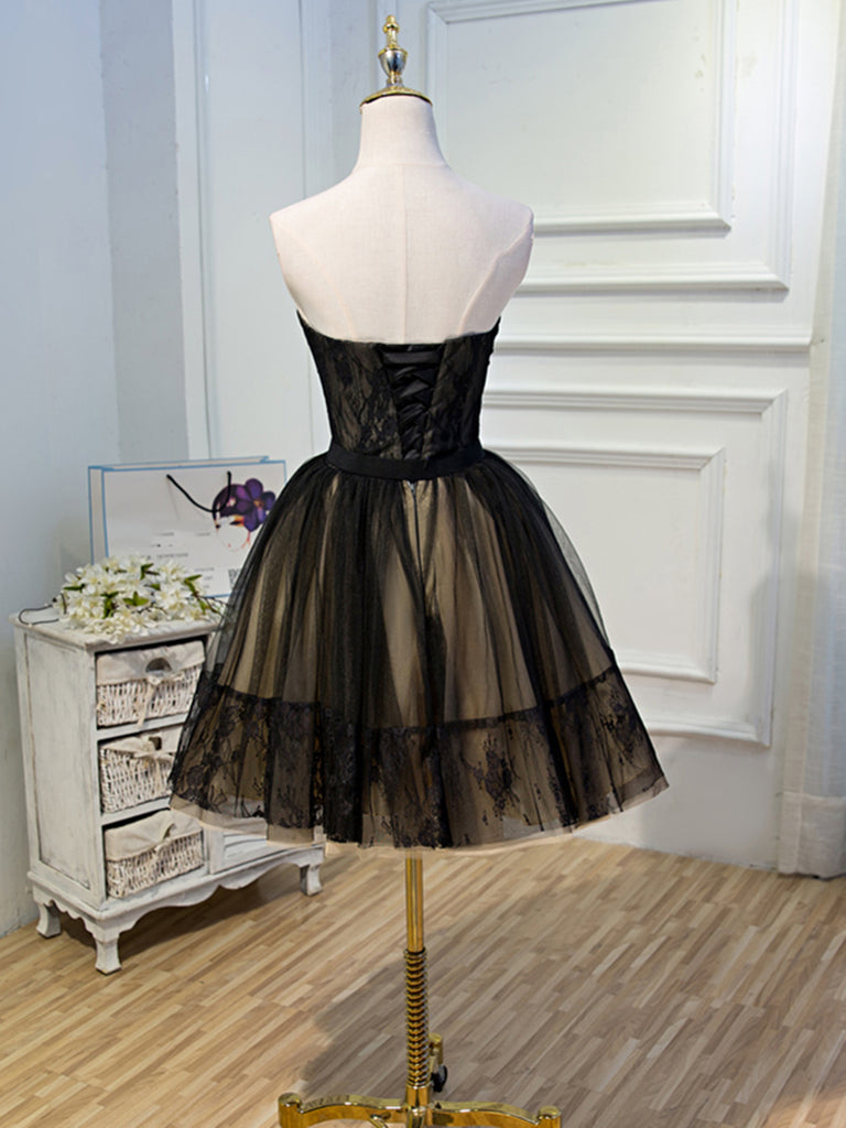 short black corset prom dresses Straps Black Tea Length Tulle Prom Gown Short Homecoming Dresses DressTok.co.uk