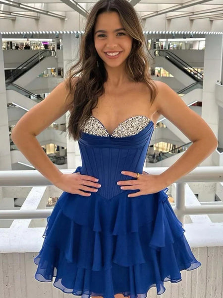 Sweetheart Neck Short Blue Beaded Prom Dresses, A Line Short Blue Formal Homecoming Dresses
