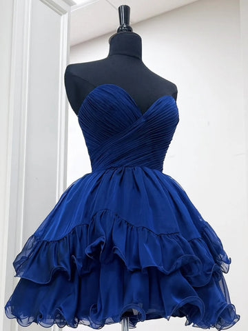 Sweetheart Neck Short Blue Chiffon Prom Dresses, Short Blue Chiffon Formal Homecoming Dresses
