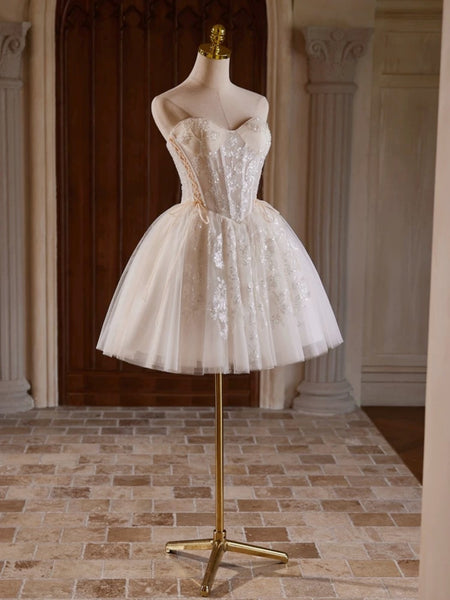 Sweetheart Neck Short Champagne Beaded Prom Dresses, Short Champagne Beaded Engagement Outfits Homecoming Dresses 