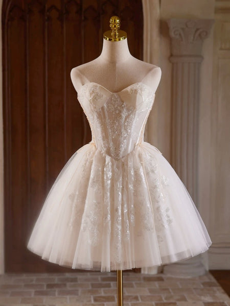 Sweetheart Neck Short Champagne Beaded Prom Dresses, Short Champagne Beaded Engagement Outfits Homecoming Dresses 