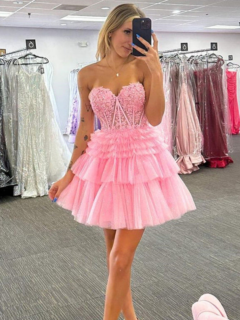 Sweetheart Neck Short Lace Prom Dresses, Short Lace Puffy Formal Homecoming Dresses