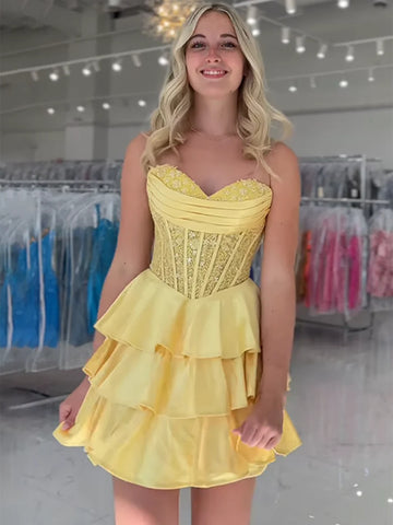 Sweetheart Neck Short Yellow Lace Prom Dresses, A Line Short Yellow Lace Formal Homecoming Dresses