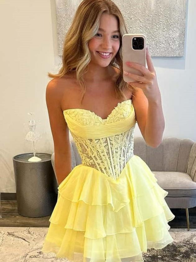 Sweetheart Neck Short Yellow Pink Red Layered Lace Prom Dresses, Short Lace Layered Homecoming Dresses