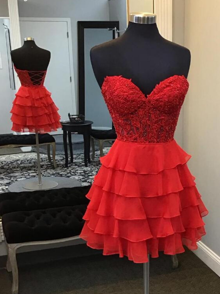 Sweetheart Neck Strapless Layered Red Lace Prom Dresses, Short Red Lace Homecoming Dresses, Red Formal Graduation Evening Dresses