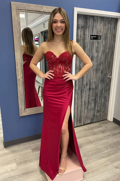 Sweetheart Neck Wine Red Long Lace Mermaid Prom Dresses, Burgundy Long Lace Mermaid Formal Evening Dresses