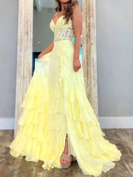 Sweetheart Neck Yellow Blue Red Lace Layered Long Prom Dresses, Yellow Blue Red Lace Formal Evening Dresses