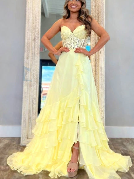 Sweetheart Neck Yellow Blue Red Lace Layered Long Prom Dresses, Yellow Blue Red Lace Formal Evening Dresses