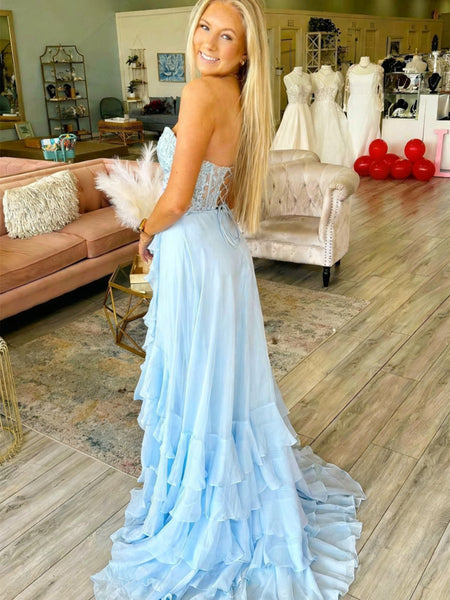 Sweetheart Neck Yellow Blue Red Lace Layered Long Prom Dresses, Yellow Blue Red Lace Formal Evening Dresses