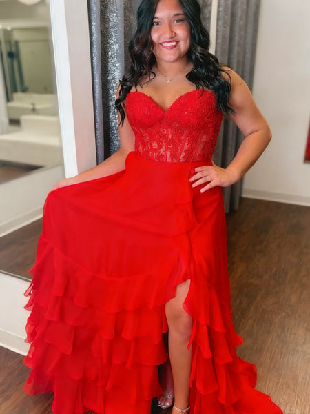 Sweetheart Neck Yellow Blue Red Lace Layered Long Prom Dresses, Yellow Blue Red Lace Formal Evening Dresses