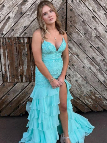 V Neck Aqua Yellow Mermaid Lace Prom Dresses, Mermaid Lace Formal Evening Dresses