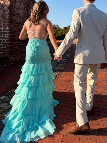 V Neck Aqua Yellow Mermaid Lace Prom Dresses, Mermaid Lace Formal Evening Dresses