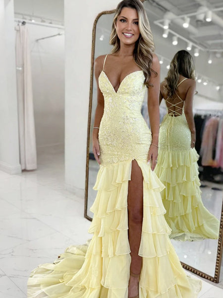 V Neck Aqua Yellow Mermaid Lace Prom Dresses, Mermaid Lace Formal Evening Dresses