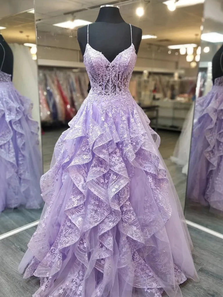 V Neck Backless Fluffy Lilac Lace Long Prom Dresses, Purple Lace Formal Evening Dresses, Lilac Ball Gown