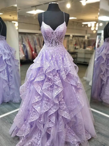 Strapless Purple Lace Prom Dress with Corset Back, Purple Tulle