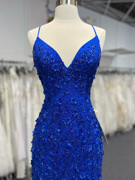 V Neck Backless Mermaid Blue Lace Floral Long Prom Dresses, Mermaid Blue Formal Dresses, Blue Lace Evening Dresses