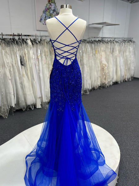 V Neck Backless Mermaid Blue Lace Floral Long Prom Dresses, Mermaid Blue Formal Dresses, Blue Lace Evening Dresses