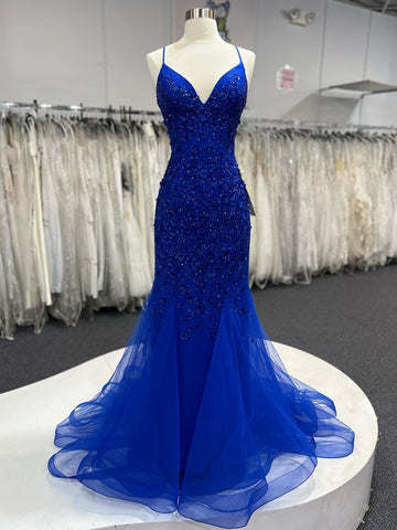V Neck Backless Mermaid Blue Lace Floral Long Prom Dresses, Mermaid Blue Formal Dresses, Blue Lace Evening Dresses