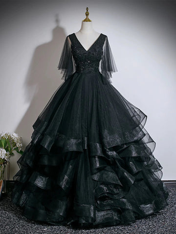 V Neck Black Puffy Long Prom Dresses, Black Puffy Long Formal Evening Dresses