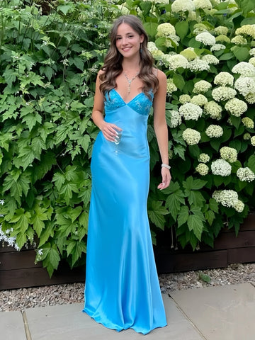 V Neck Blue Beaded Long Prom Dress with Bow, Backless Long Formal Graduation Dress with Bow
