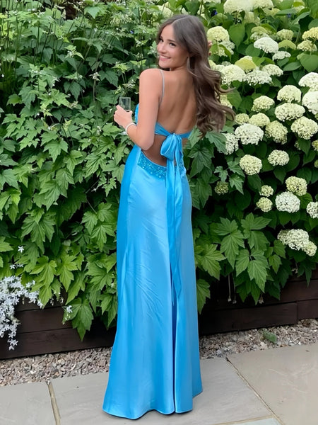 V Neck Blue Beaded Long Prom Dress with Bow, Backless Long Formal Graduation Dress with Bow