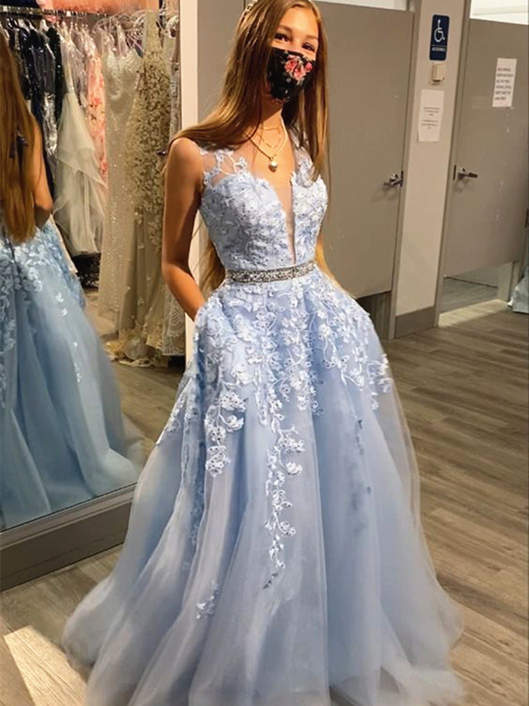V Neck Blue Lace Prom Dresses, Blue V Neck Long Lace Formal Evening Dresses