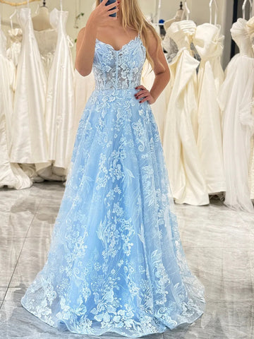 V Neck Blue Lace Prom Dresses, Light Blue Lace Floral Formal Evening Dresses