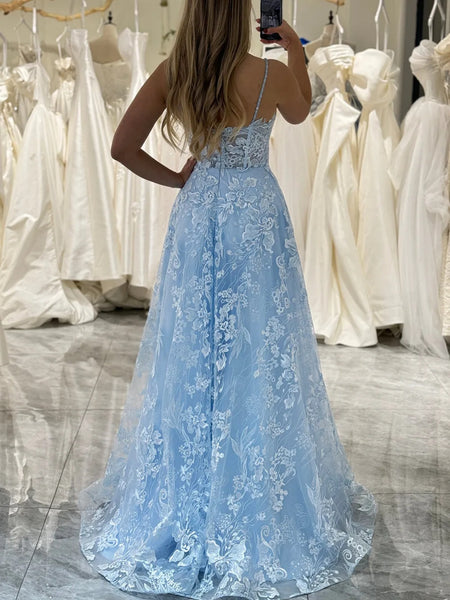 V Neck Blue Lace Prom Dresses, Light Blue Lace Floral Formal Evening Dresses