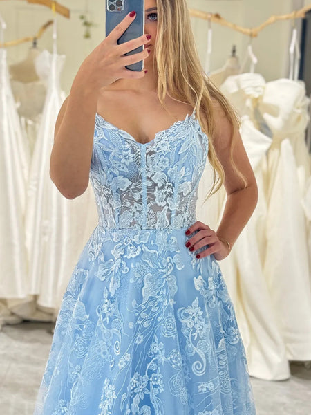 V Neck Blue Lace Prom Dresses, Light Blue Lace Floral Formal Evening Dresses