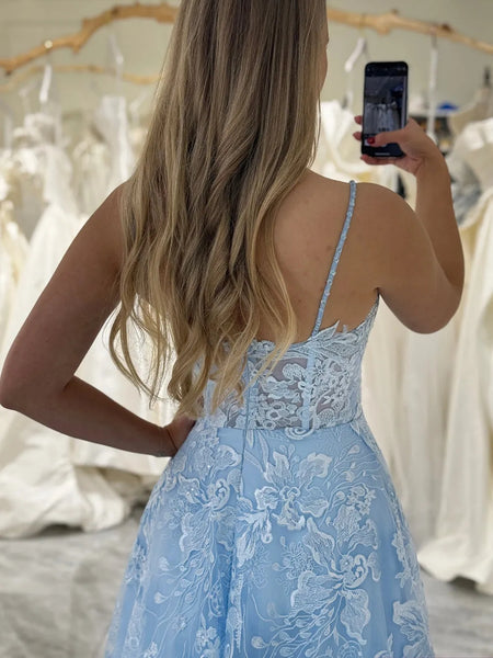 V Neck Blue Lace Prom Dresses, Light Blue Lace Floral Formal Evening Dresses