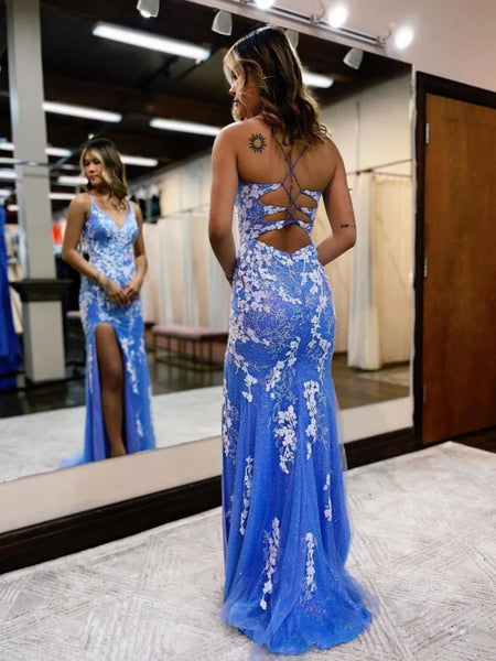 V Neck Blue Mermaid Lace Prom Dresses, Blue Mermaid Lace Floral Formal Evening Dresses