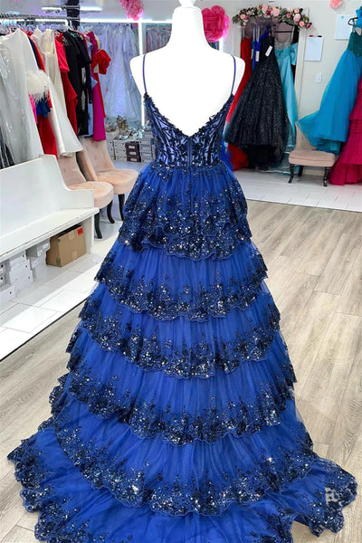 V Neck Blue White Red Layered Lace Prom Dresses, V Neck Blue White Red Lace Formal Evening Dresses