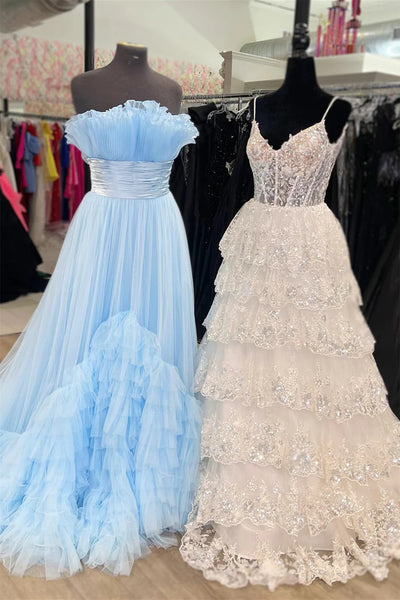 V Neck Blue White Red Layered Lace Prom Dresses, V Neck Blue White Red Lace Formal Evening Dresses